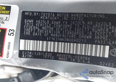 2022 Toyota Camry Xse Hybrid из США, поврежденный, VIN 4T1K31AK0NU040211